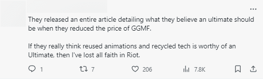 'They released an announcement detailing what they believe an Ultimate skin should be like when they discounted GGMF. If they really think that reusing old animations and recycling previous designs is worthy of being Ultimate, then I have lost all faith in Riot'