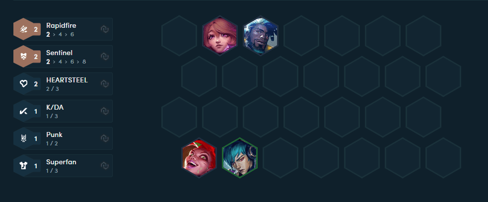Basic starting composition with Guardians in the front line and carry champions using Guinsoo's Rageblade in the back