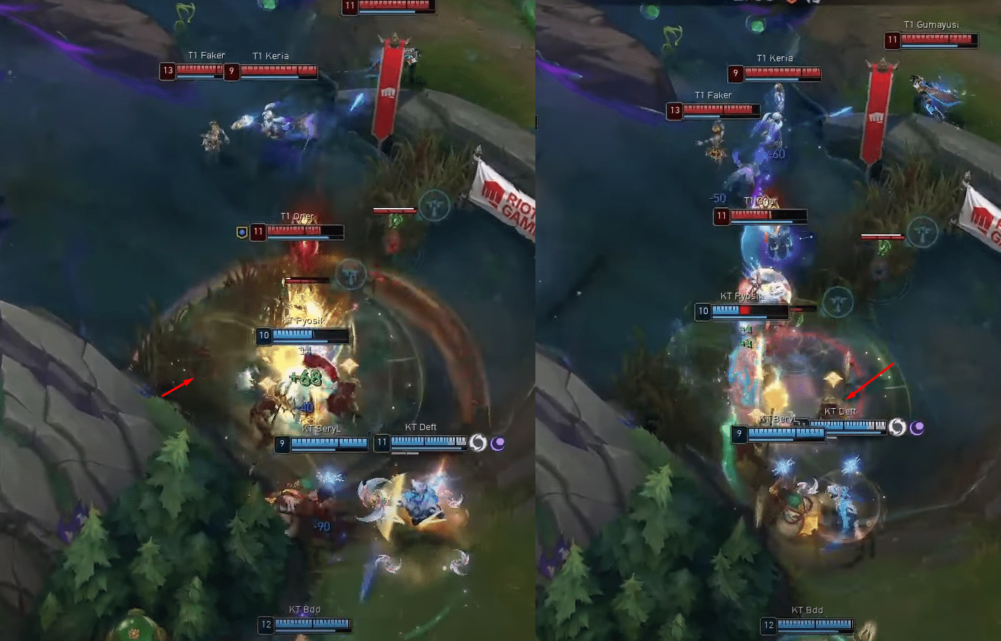 With two clever Q plays, Faker positioned Orianna's ball in a spot that KT did not expect, allowing him to unleash an ultimate that hit multiple opponents