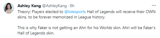 Journalist Ashley Kang speculates this may be the reason Faker did not choose Ahri for the Worlds 2023 skin but rather will have a skin in the Hall of Fame