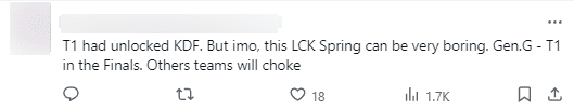 T1 has unlocked KDF. But in my opinion, LCK Spring will be very boring. Gen.G - T1 in the finals. Other teams are unstable