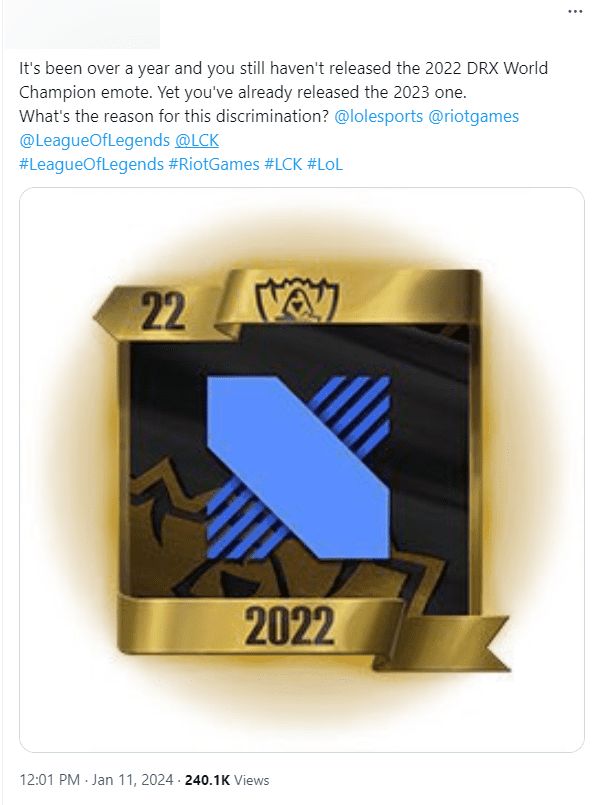 A DRX fan discovered that Riot has not yet provided the Worlds 2022 championship emote for DRX as usual
