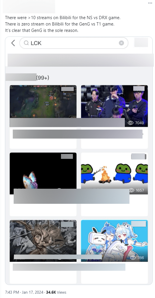 No Bilibili channel broadcasted the Gen.G - T1 match