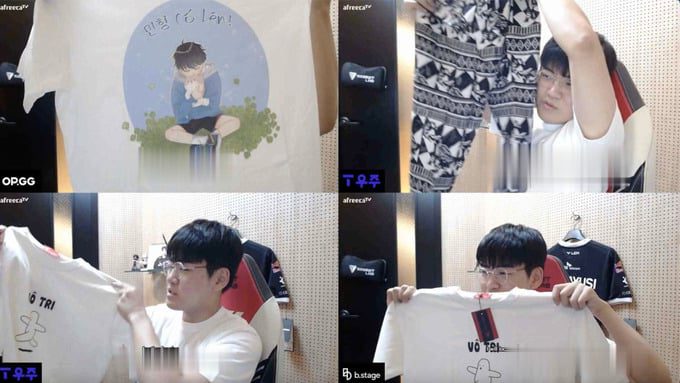 Gumayusi shows off a shirt given by Vietnamese fans on stream