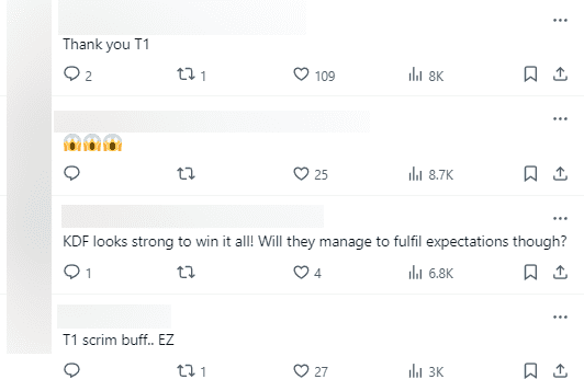 Fans frequently mention T1 in the comments under KDF's victory post