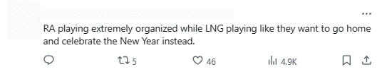 RA plays completely like an organization while LNG plays as if they want to go home and celebrate the New Year instead of competing.