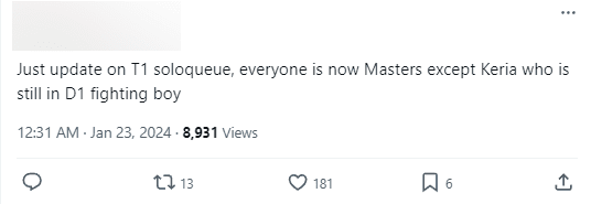 Meanwhile, T1's stars have only reached Master, with Keria still at Diamond 1