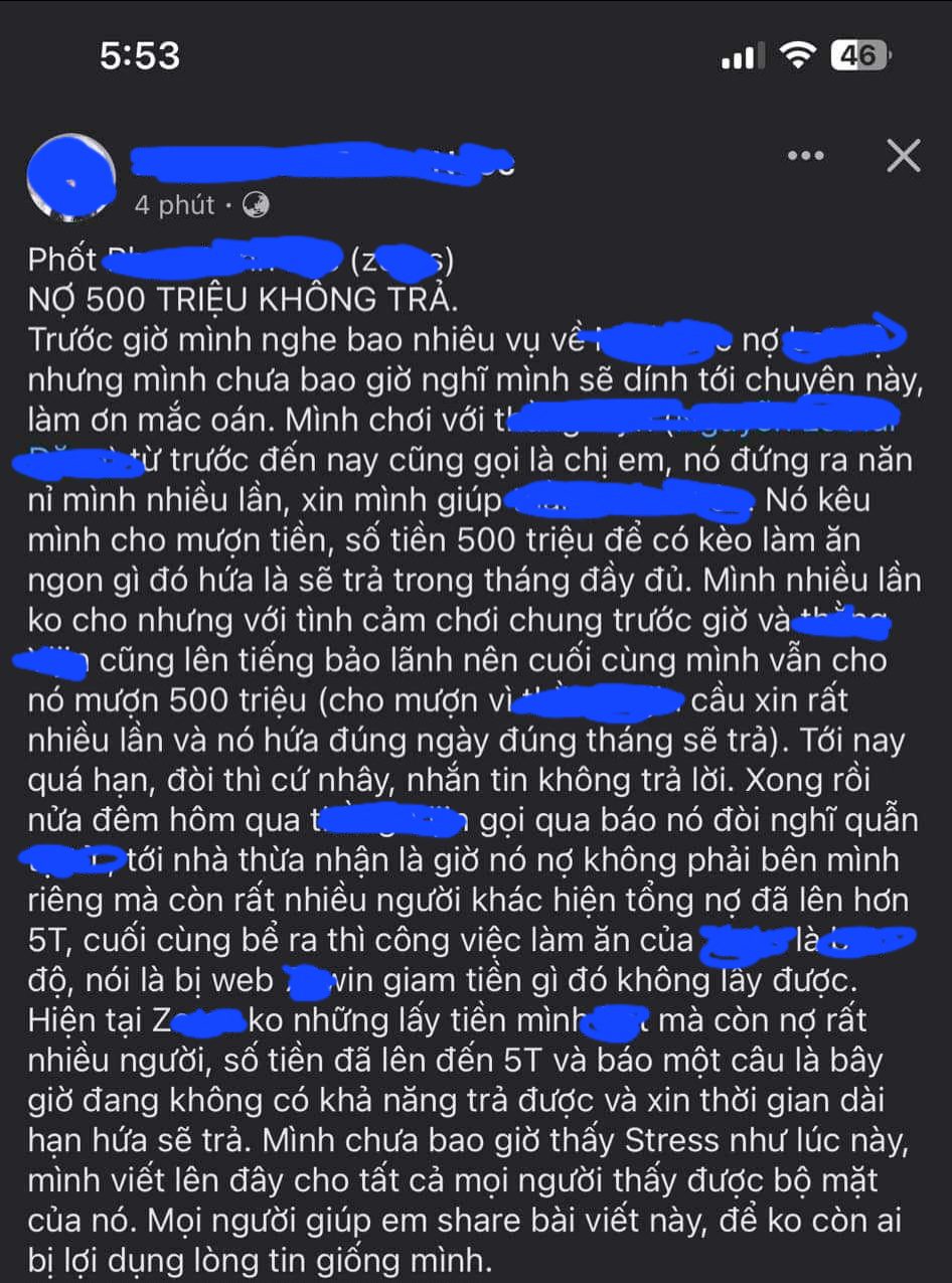 A girl accuses Z. of borrowing 500 million VND to invest in inappropriate websites
