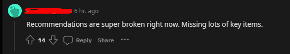 The item suggestion system is facing a major issue, lacking many important items