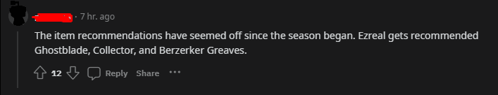 This feature has become more inconvenient since the new season, my Ezreal is suggested to buy Youmuu's Ghostblade, Pirate Gun, Berserker's Greaves