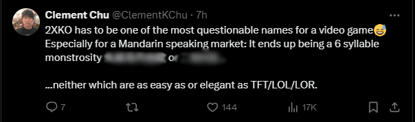 Commentator Clement Chu remarked: '2xKO must be one of the most confusing names for a video game, especially in the Chinese market. It is not as easy to hear or remember as TFT, LoL.'