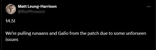 Just days after the trial, Riot Phroxzon commented on this adjustment: 'We will retract the changes to Runaan's Hurricane and Galio from patch 14.5 due to unforeseen issues'