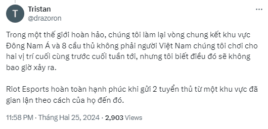 In a perfect world, we would redo the Southeast Asia regional qualifier finals and 8 non-Vietnamese players would compete for the last two spots before the weekend, but I know that will never happen. Riot Esports is perfectly fine with sending 2 players from a cheating region to compete there