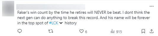 "Faker's wins until he retires will never be broken. I don't think the next generation can do anything to break this record. And his name will forever be at the top of LCK history"