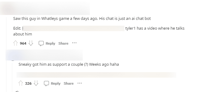 Many people said that famous streamers like Whatleys, Sneaky, or Tyler1 also encountered this individual and it seems they used AI throughout, including communication on the stream
