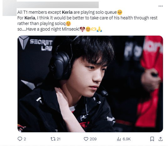 Keria was absent during the latest ranked session of the T1 stars, and fans are extremely worried