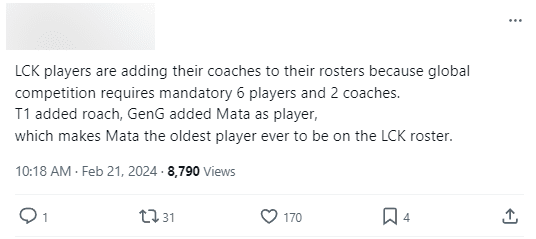 There are reports that Gen.G has promoted Mata to the substitute role while T1 has confirmed Roach's case