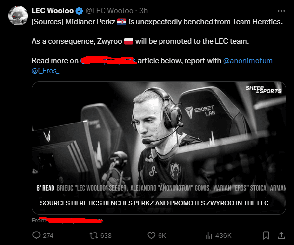 Western media reports on the Perkz incident: 'Perkz unexpectedly benched by TH due to serious disagreement with the coach, player Zwyroo will temporarily take this position in the lineup for LEC'