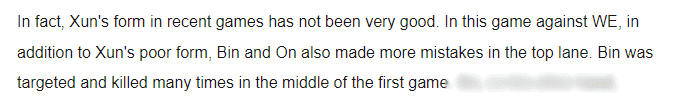 BLG members also face a lot of criticism: “Xun has been playing extremely poorly in recent matches. In the match against WE, both Bin and ON also did not perform well. Bin was targeted and fell continuously in game 1