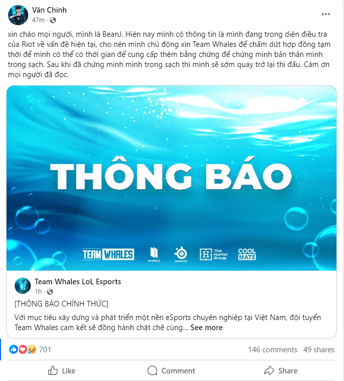 Recently, BeanJ confirmed the information and stated he has temporarily terminated his contract with Team Whales.