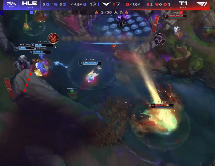 Even after just securing Baron, HLE retreated together, not getting drawn into attacking Faker even though the 'Demon King' was standing alone