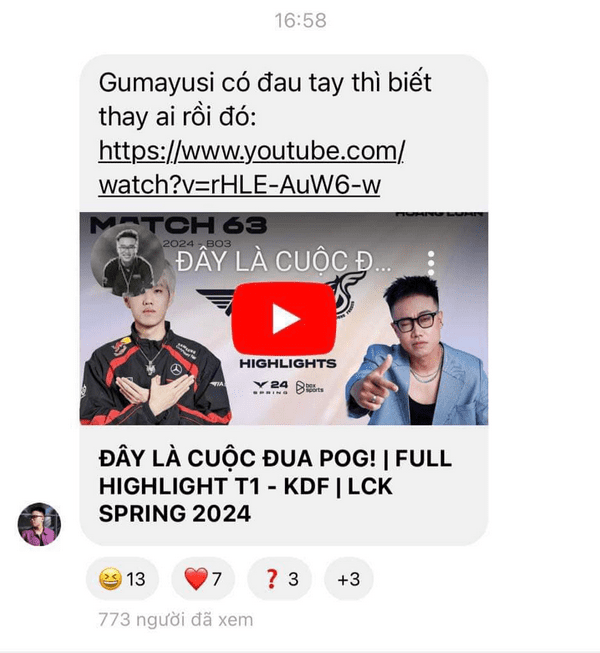 A post in Caster Hoàng Luân's private chatbox that was reposted by a T1 fanpage