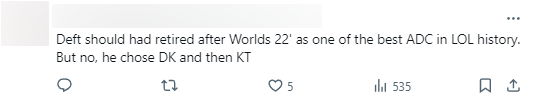Deft should have retired after Worlds 2022 as one of the greatest ADCs in history. But instead, he chose DK and then KT
