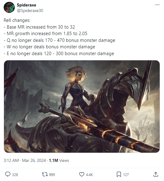 Spideraxe from the LoL Fandom site reveals that Riot will remove the additional damage from Rell's 3 skills while only increasing her magic resistance