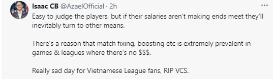 Commentator Azael: 'It's too easy to judge players, but if the salaries don't meet expectations, they will definitely consider other ways. There’s a reason match-fixing, influencing matches, etc. are extremely common in games and tournaments with low budgets. A sad day for Vietnamese League of Legends fans. R.I.P VCS'