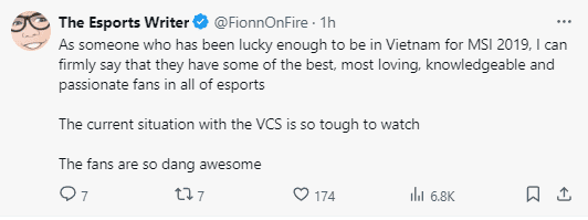 Journalist FionnOnFire: 'For those lucky enough to watch MSI 2019 in Vietnam, I can confirm they have many firsts, and a great love, understanding, and enthusiasm for all types of Esports. But VCS is currently too hard to watch. Nevertheless, the audience is still wonderful'