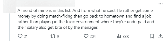 'Among the players mentioned, there is someone who is my friend. He has confirmed to me that 'It's better to earn a big sum through match-fixing and then retire to find another job than to compete in a toxic environment with low wages. Moreover, he has also been cut down by the team.'