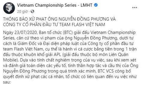 The heaviest penalty related to negativity that VCS imposed during Garena's time was probably the penalty against the Team Flash owner, but it was for violations of a team in Arena of Valor