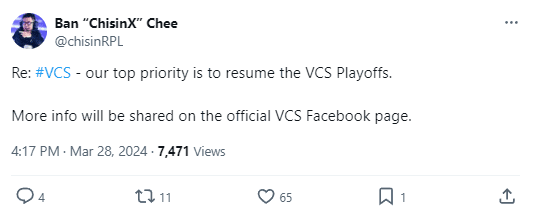 Mr. Ban 'ChisinX' Chee: 'Our top priority is to restart the VCS playoffs. Detailed information will be posted on the official VCS fanpage'