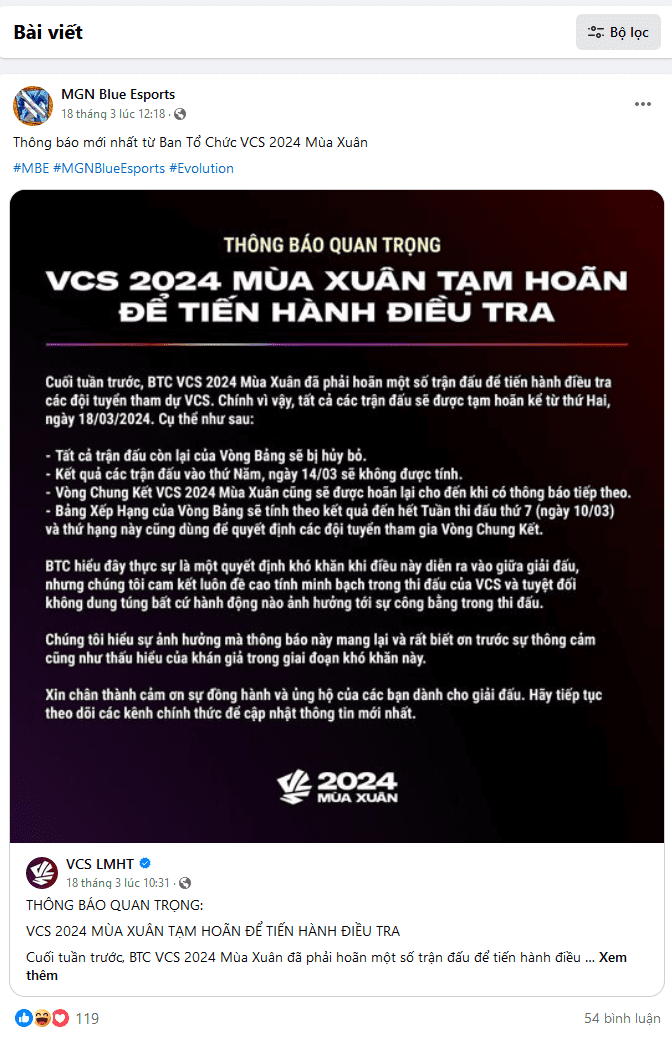 MBE has not commented on the incident, with the latest post being a share of the VCS organizers' announcement