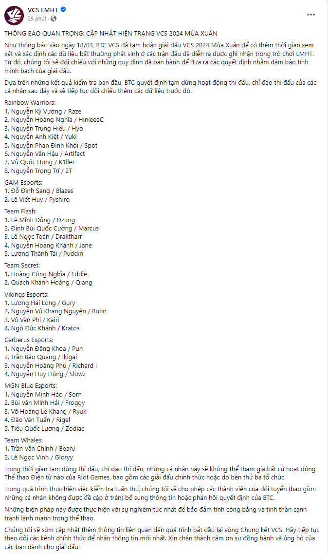 A long list of 32 individuals under further investigation in the VCS scandal