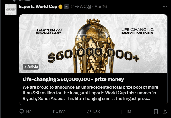 The Twitter account (now X) of Esports World Cup shared: 