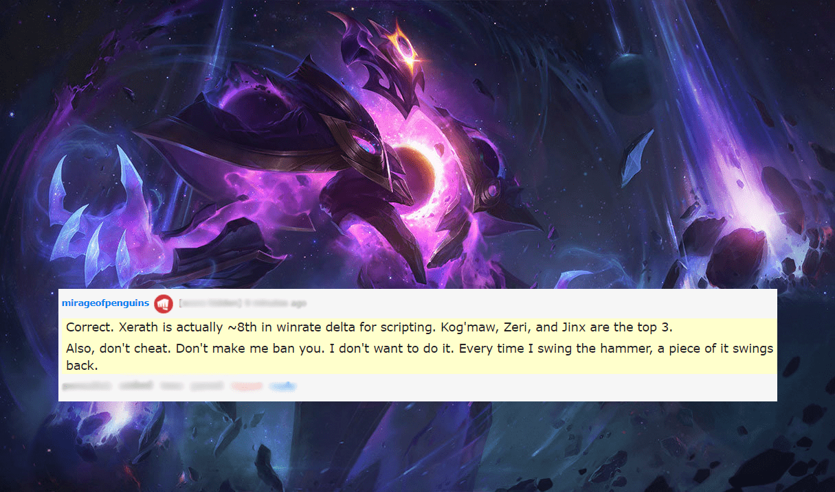 Riot Games stated, 'That's right, Xerath actually ranks 8th in terms of win rates among cheaters. Kog'Maw, Zeri, and Jinx are actually the top three champions in this statistic. Additionally, it's best if you don't cheat. I don't want to ban your accounts, so please don't make me do it.'