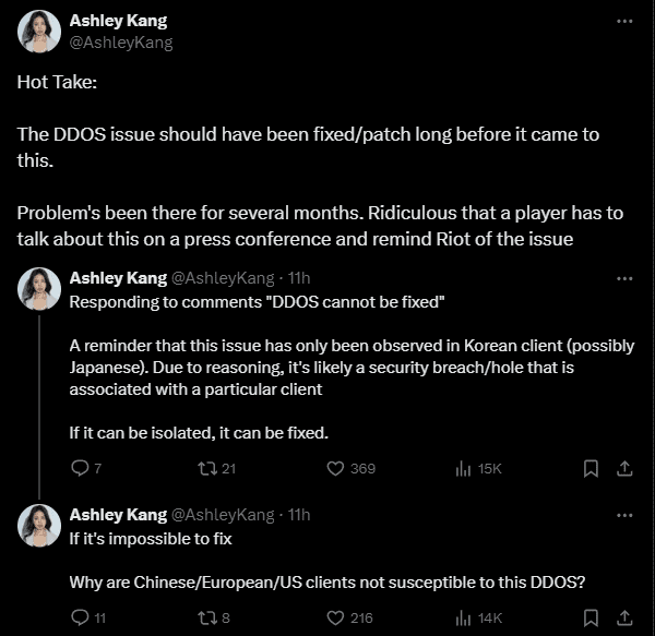 Journalist Ashley Kang expressed her outrage after the match: “The DDoS issue should have been resolved long ago before it caused such severe consequences. It has been going on for months, and it is ridiculous for players to have to mention DDoS in press conferences to remind Riot. It is important to know that this situation only occurs on the Korean server. There is likely a security loophole that has allowed these attacks. If DDoS cannot be resolved, why are the Chinese, European, and North American servers not affected?