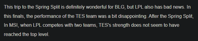 'This spring tournament has been fantastic for BLG, but LPL faces bad news. In the final, TES's performance was truly disappointing. LPL will go to MSI with 2 representatives, but TES seems not to be at their peak' - A viewer candidly shared