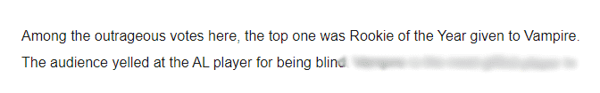 The most 'irresponsible' voting from AL was in the outstanding young player category: 'What the hell, why did they vote for Vampire from EDG? Did they even watch the tournament or just fill out randomly?'