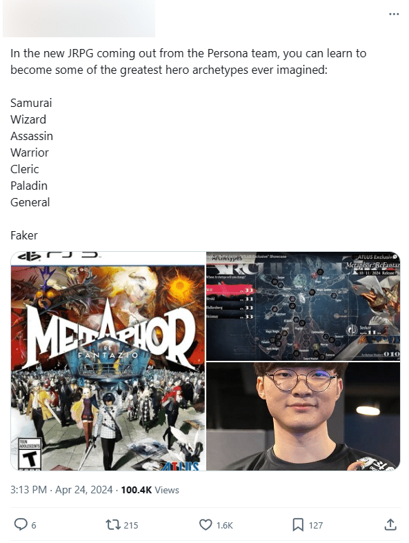 Fans discovered the name Faker appears in a JRPG called Metaphor