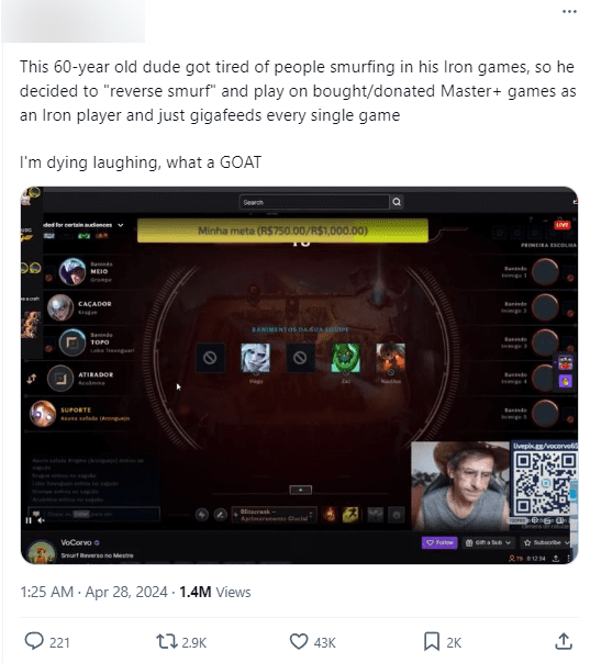 This 60-year-old player is tired of rank cheating (smurfing) in his Iron matches, so he decided to 