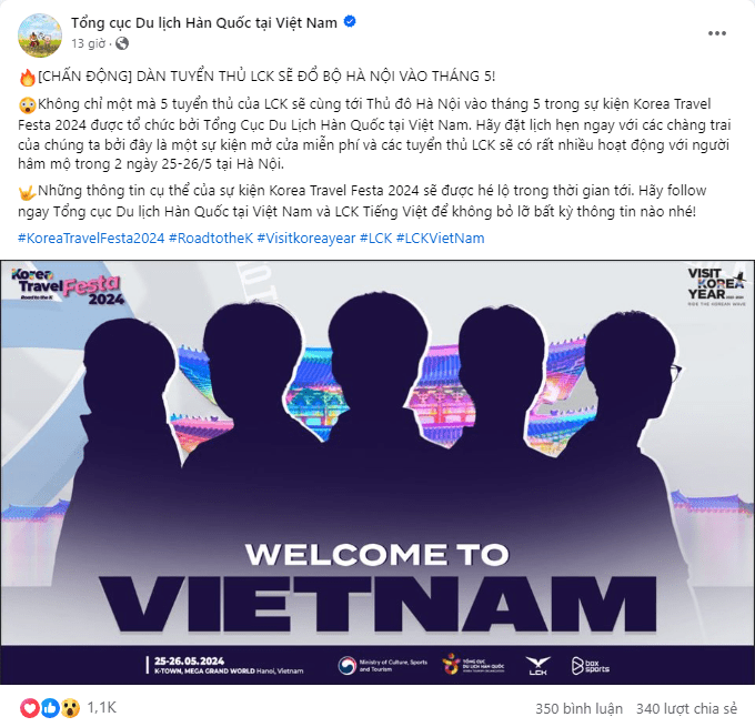 The verified fanpage of the Korea Tourism Organization in Vietnam announces that other players will come to Vietnam, and the location is Hanoi