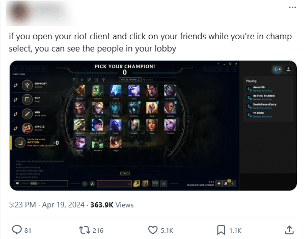 A player found a way to reveal teammate names in the champion select lobby via the Riot client