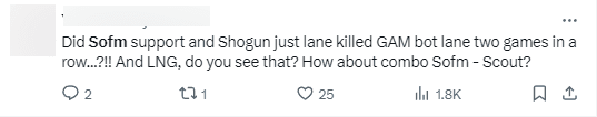 Is SofM Support and Shogun ADC continuously ganking their bot lane? And LNG, what do you see? What do you think about the SofM - Scout combo?