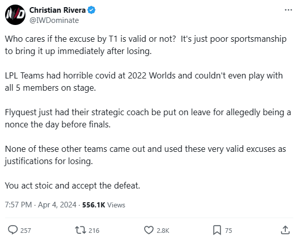 Streamer and former player IWDominate criticizes T1 and claims Faker is just making excuses for the defeat while other teams do not do the same