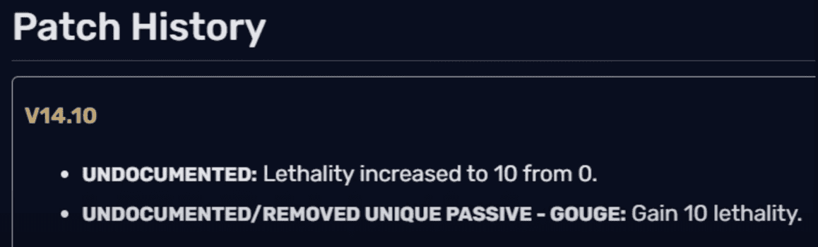 The passive that grants 10 Attack Damage of Duskblade of Draktharr has switched from being the only passive to a regular passive, and this change was not mentioned by Riot in the 14.10 update post