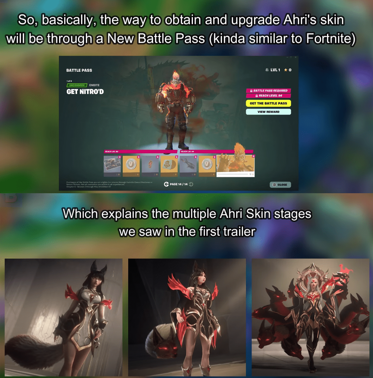 YouTuber BigBadBear reveals: 'Players will receive various 'transformations' of Ahri through upgrading the Event Ticket. This is quite similar to Fortnite'