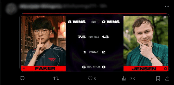 A gamer shared statistics of Jensen losing 8 consecutive times to Faker to mock this player