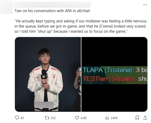 Tian explained in the post-match interview: 'He kept asking 